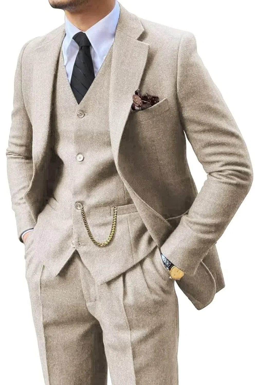 Fischgrat Anzug Herren Dreiteiler Weste Wollmix Elegant