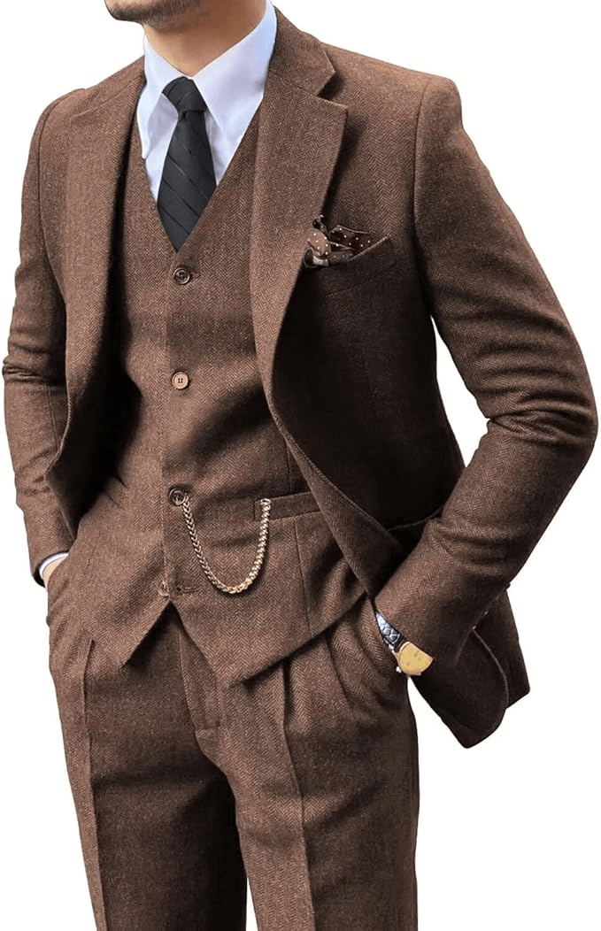Fischgrat Anzug Herren Dreiteiler Weste Wollmix Elegant