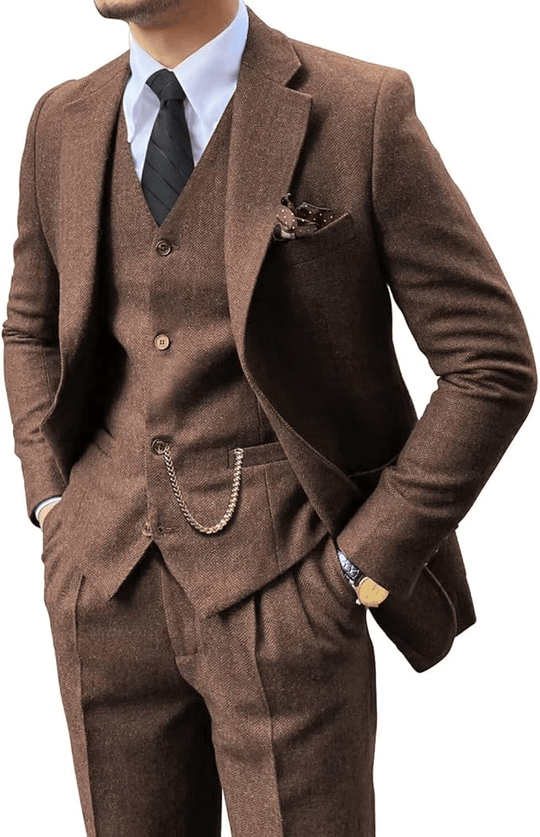Fischgrat Anzug Herren Dreiteiler Weste Wollmix Elegant