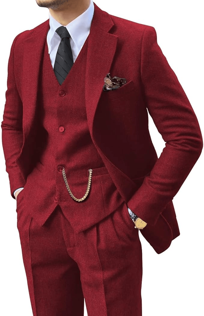 Fischgrat Anzug Herren Dreiteiler Weste Wollmix Elegant