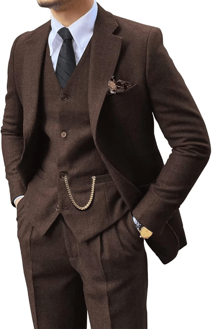 Fischgrat Anzug Herren Dreiteiler Weste Wollmix Elegant