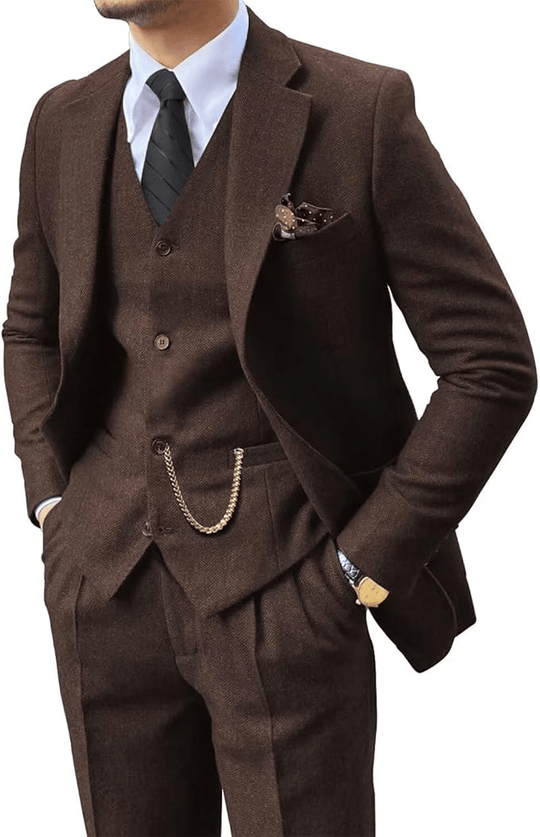 Fischgrat Anzug Herren Dreiteiler Weste Wollmix Elegant