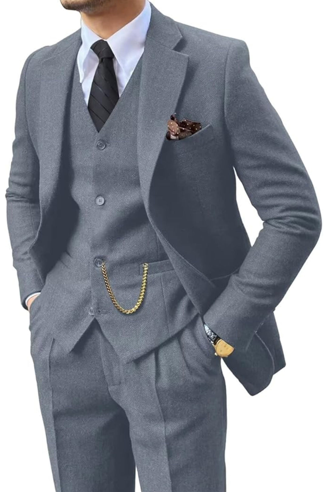 Fischgrat Anzug Herren Dreiteiler Weste Wollmix Elegant