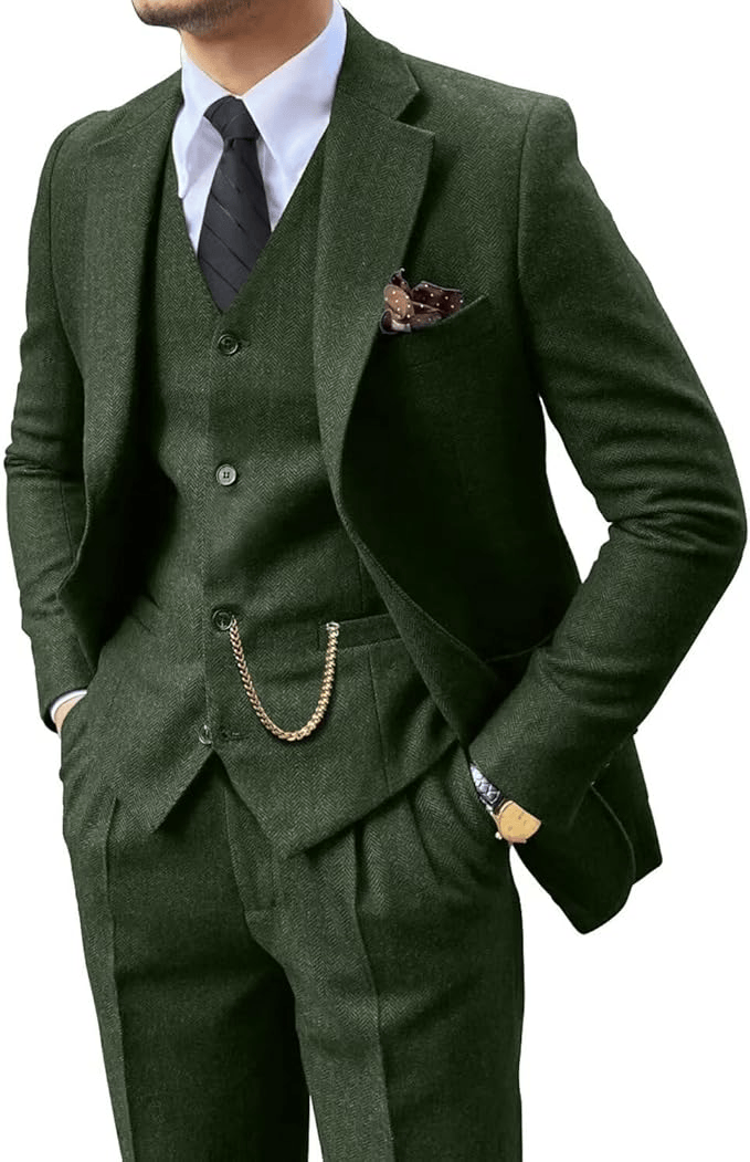 Fischgrat Anzug Herren Dreiteiler Weste Wollmix Elegant