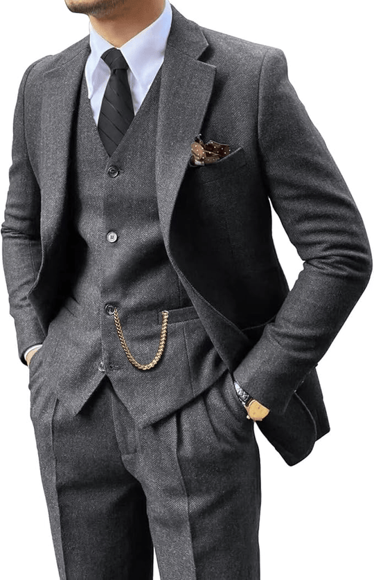 Fischgrat Anzug Herren Dreiteiler Weste Wollmix Elegant