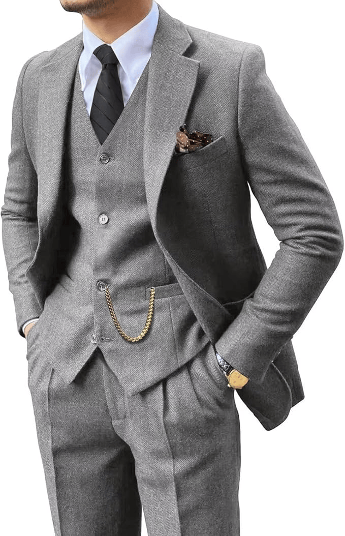 Fischgrat Anzug Herren Dreiteiler Weste Wollmix Elegant