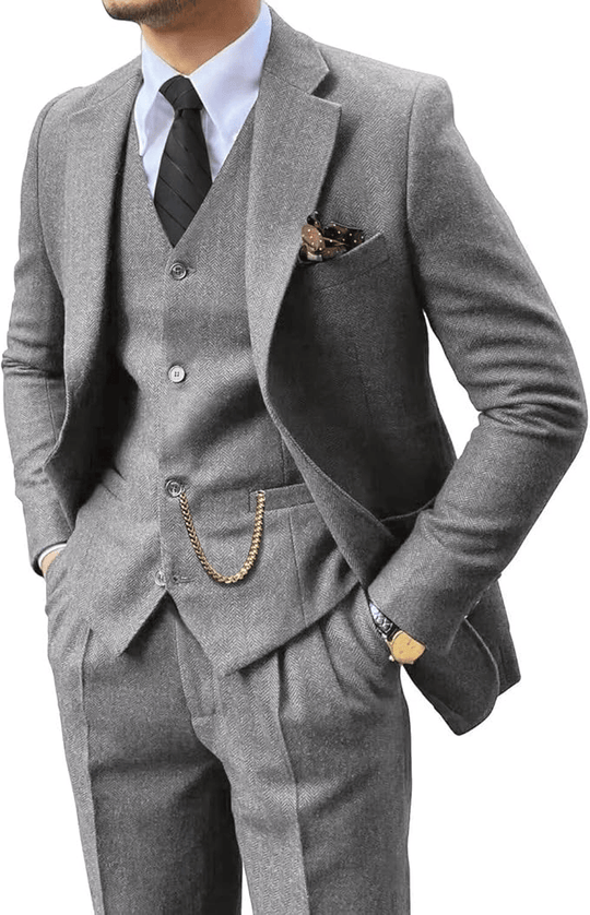 Fischgrat Anzug Herren Dreiteiler Weste Wollmix Elegant
