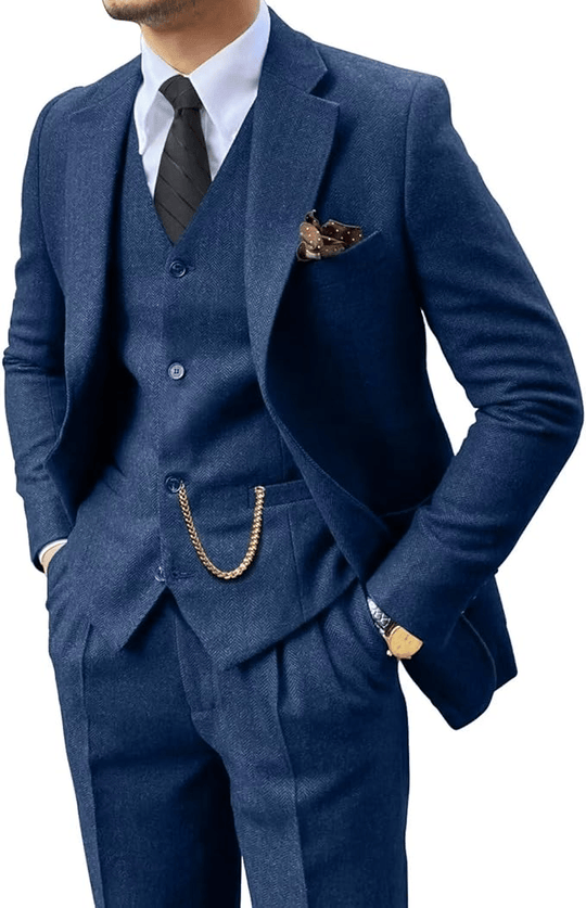 Fischgrat Anzug Herren Dreiteiler Weste Wollmix Elegant