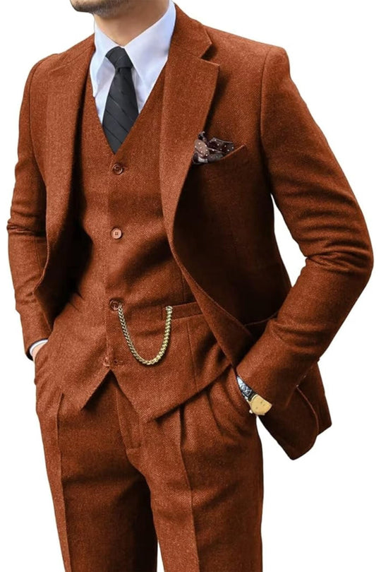 Fischgrat Anzug Herren Dreiteiler Weste Wollmix Elegant