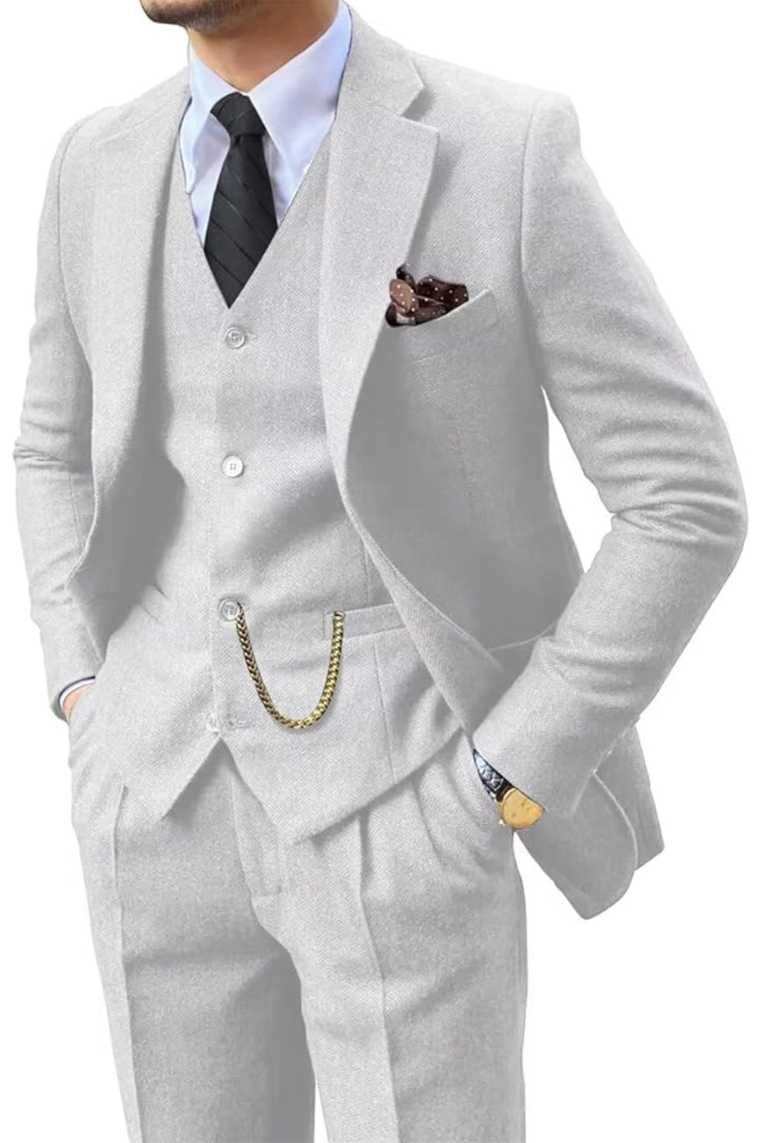 Fischgrat Anzug Herren Dreiteiler Weste Wollmix Elegant