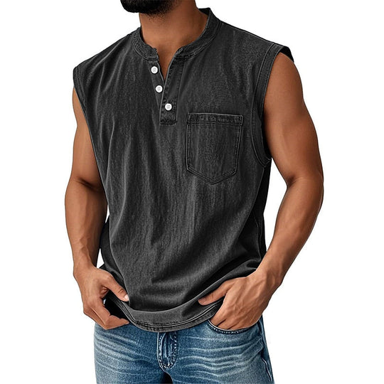 Vintage Washed Henley Tanktop Herren Baumwolle Ärmellos
